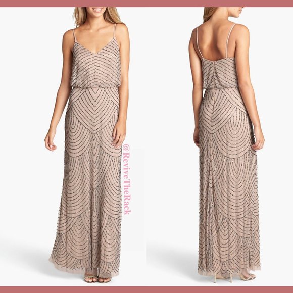 NEW $260 Adrianna Papell Art Deco Beaded Blouson Gown in Taupe Pink [SZ 2‎ ] - Picture 6 of 11